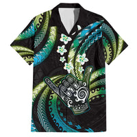 Hawaii Shaka Sign Family Matching Summer Maxi Dress and Hawaiian Shirt Fantastic Frangipani Chartreuse Cyan LT01 Dad's Shirt - Short Sleeve Cyan - Polynesian Pride