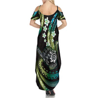 Hawaii Shaka Sign Family Matching Summer Maxi Dress and Hawaiian Shirt Fantastic Frangipani Chartreuse Cyan LT01 - Polynesian Pride