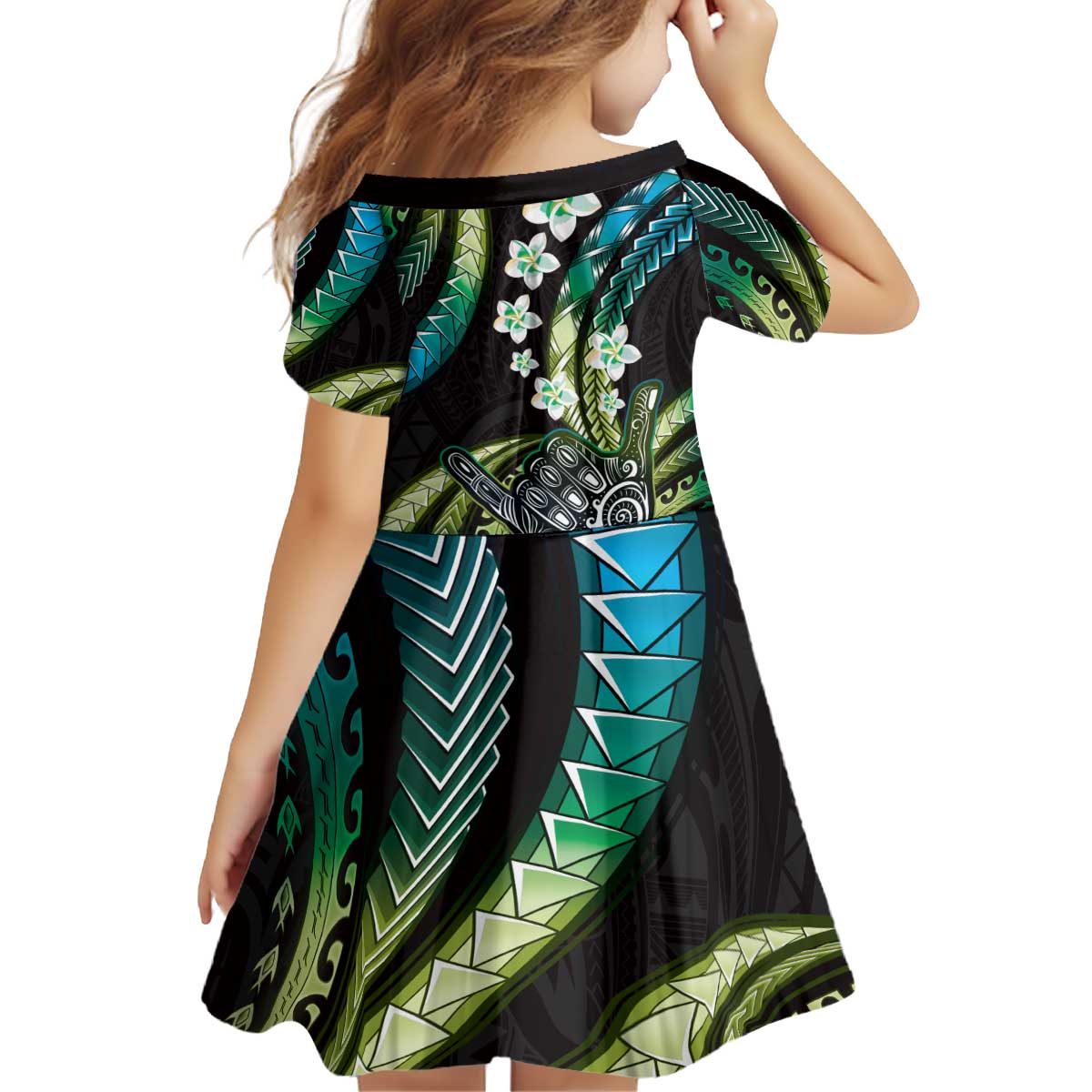 Hawaii Shaka Sign Kid Short Sleeve Dress Fantastic Frangipani Chartreuse Cyan