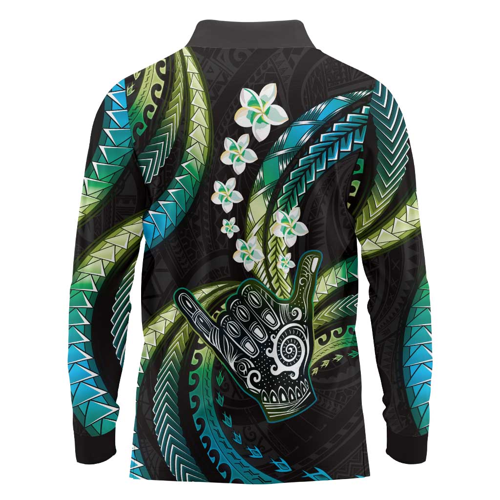 Hawaii Shaka Sign Long Sleeve Polo Shirt Fantastic Frangipani Chartreuse Cyan