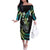 Hawaii Shaka Sign Off The Shoulder Long Sleeve Dress Fantastic Frangipani Chartreuse Cyan