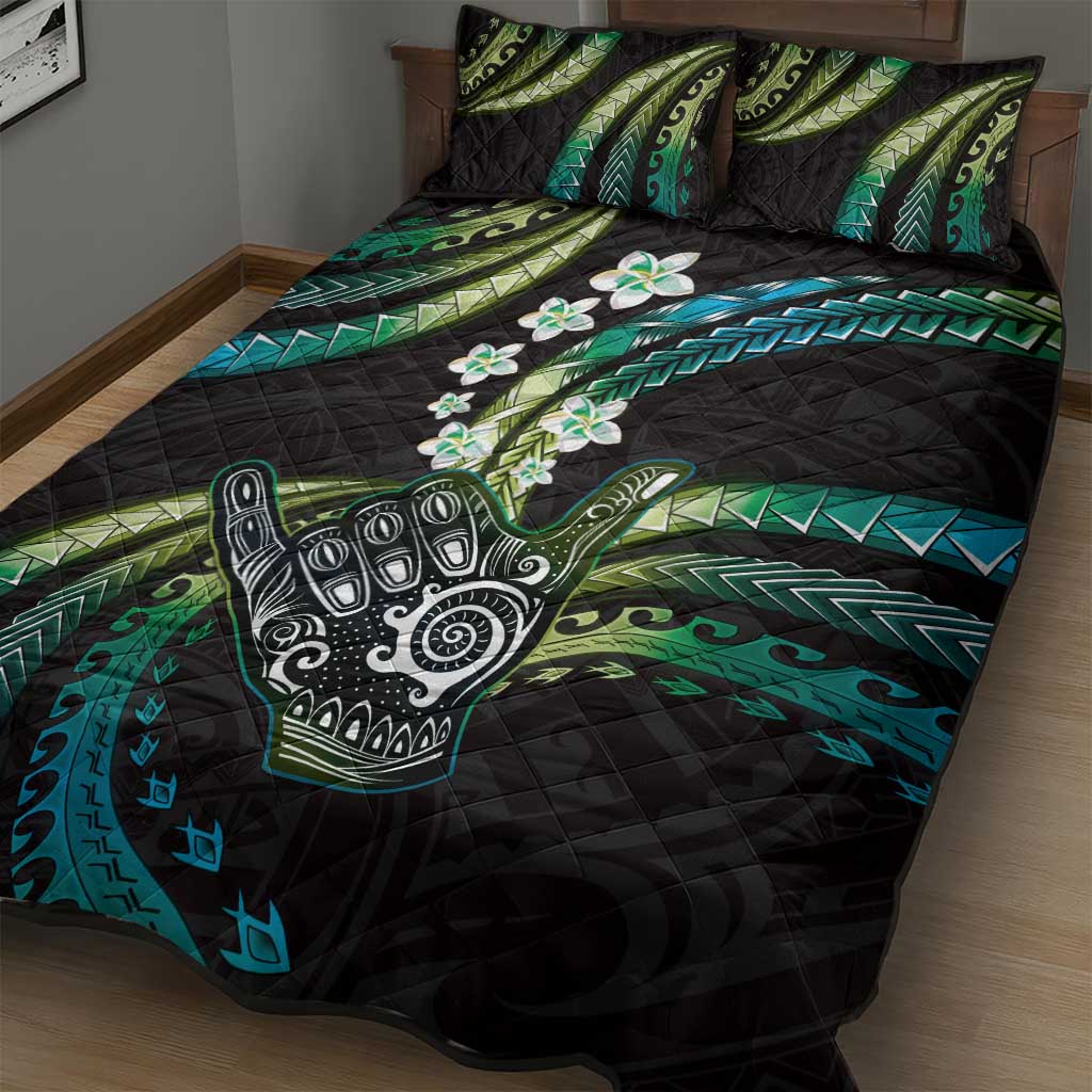 Hawaii Shaka Sign Quilt Bed Set Fantastic Frangipani Chartreuse Cyan