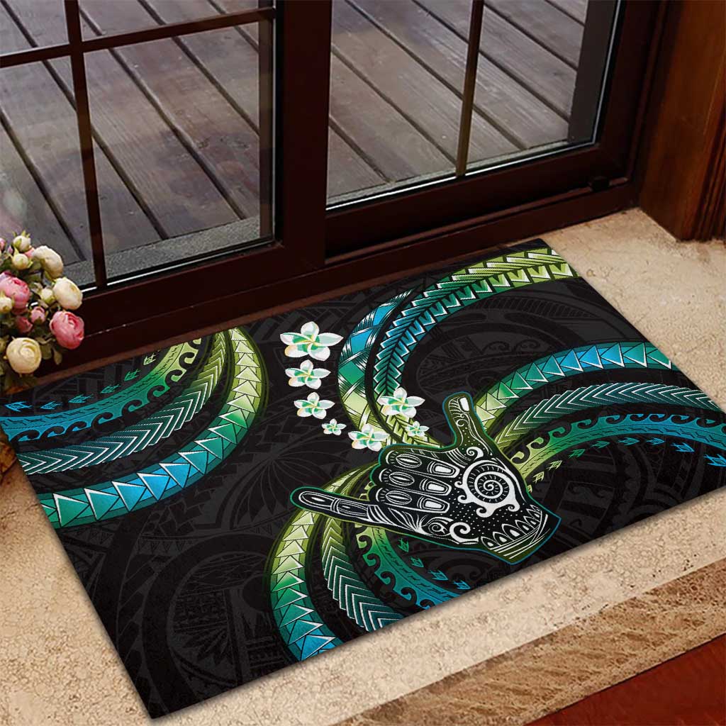 Hawaii Shaka Sign Rubber Doormat Fantastic Frangipani Chartreuse Cyan