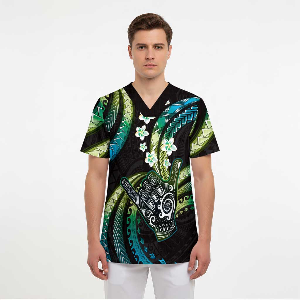 Hawaii Shaka Sign Scrub Top Fantastic Frangipani Chartreuse Cyan - Polynesian Pride