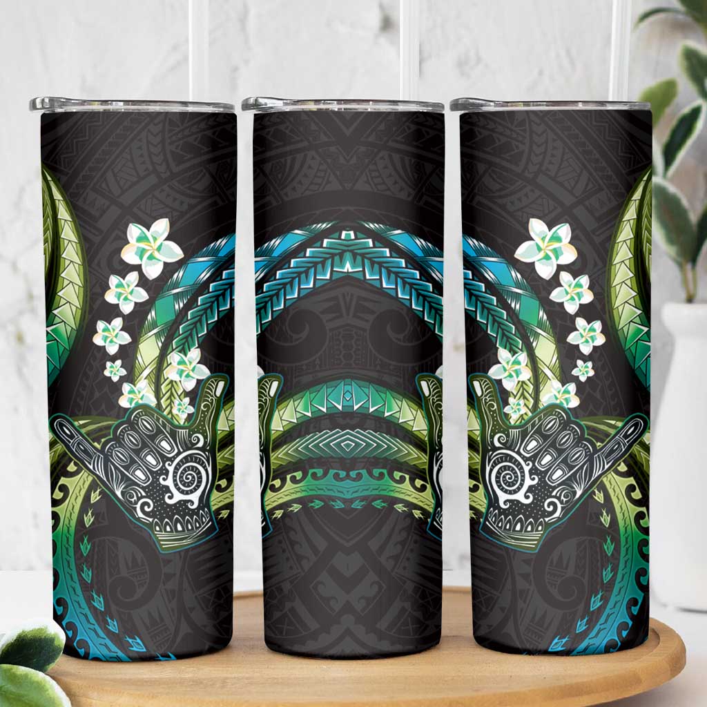 Hawaii Shaka Sign Skinny Tumbler Fantastic Frangipani Chartreuse Cyan