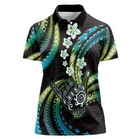 Hawaii Shaka Sign Women Polo Shirt Fantastic Frangipani Chartreuse Cyan