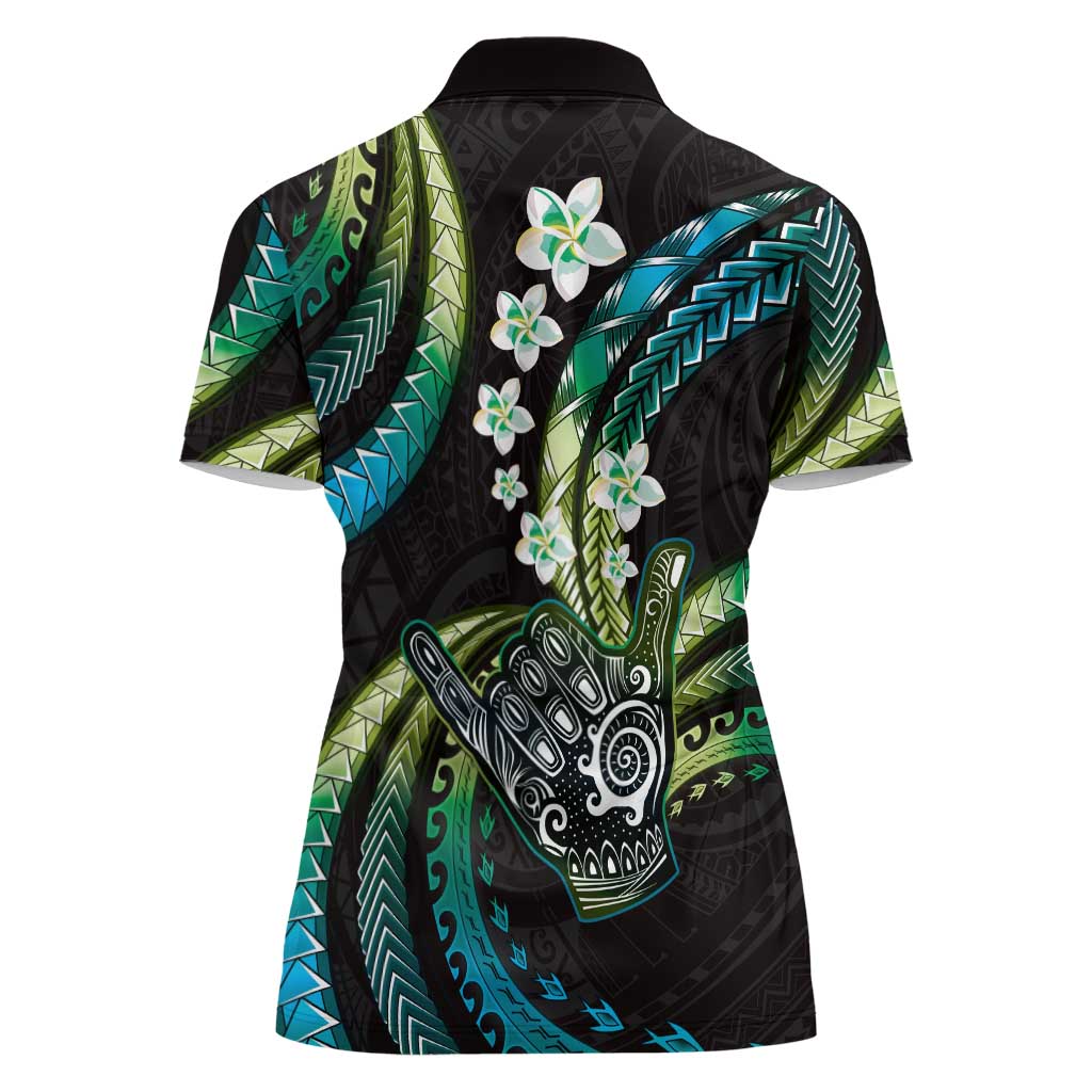 Hawaii Shaka Sign Women Polo Shirt Fantastic Frangipani Chartreuse Cyan