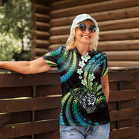 Hawaii Shaka Sign Women Polo Shirt Fantastic Frangipani Chartreuse Cyan