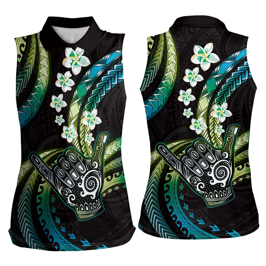 Hawaii Shaka Sign Women Sleeveless Polo Shirt Fantastic Frangipani Chartreuse Cyan