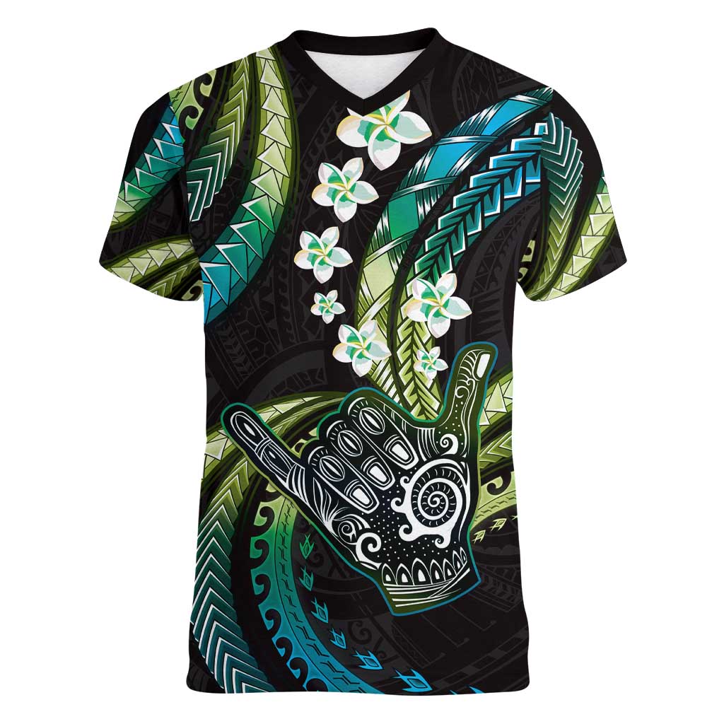 Hawaii Shaka Sign Women V-Neck T-Shirt Fantastic Frangipani Chartreuse Cyan