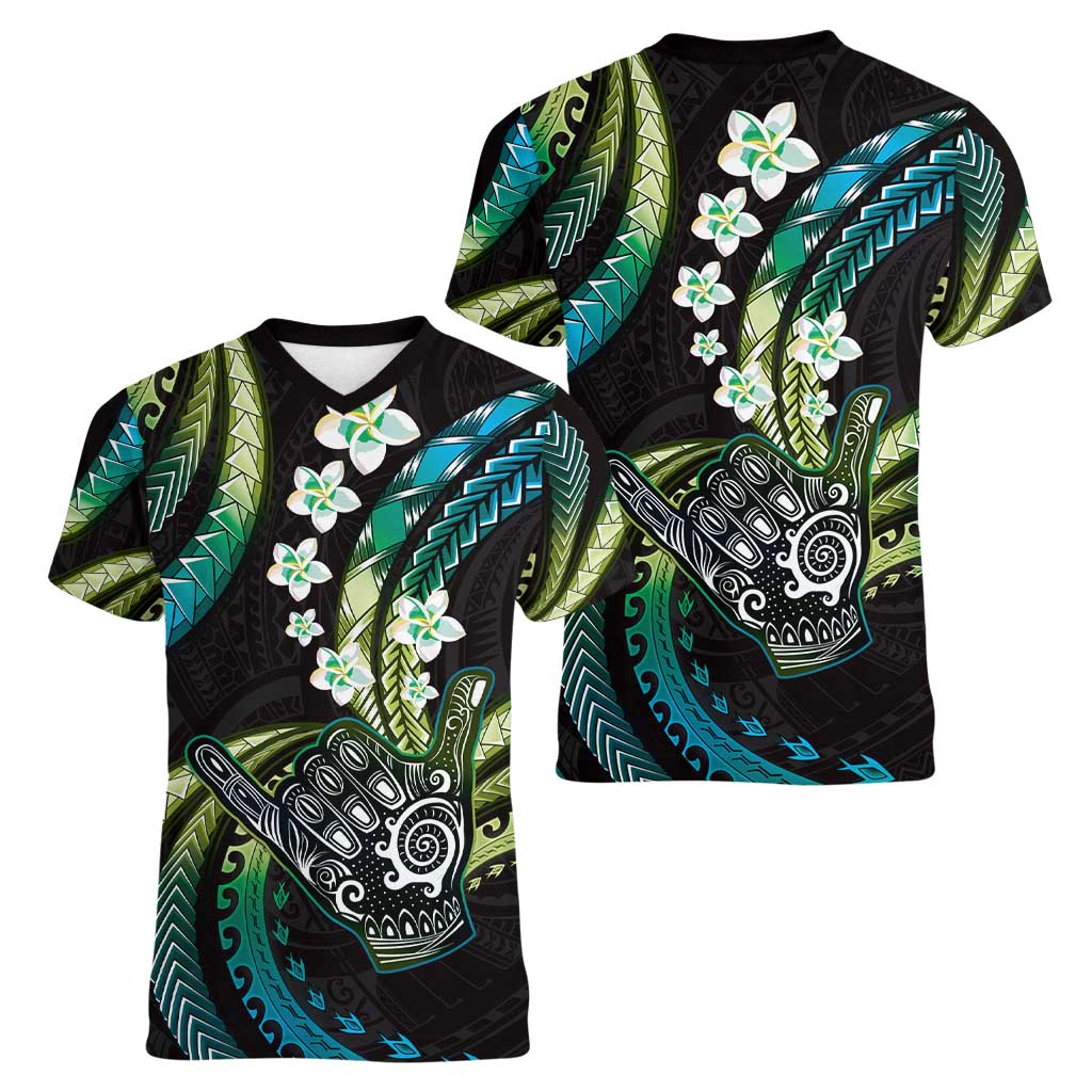 Hawaii Shaka Sign Women V-Neck T-Shirt Fantastic Frangipani Chartreuse Cyan