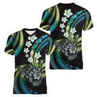 Hawaii Shaka Sign Women V-Neck T-Shirt Fantastic Frangipani Chartreuse Cyan