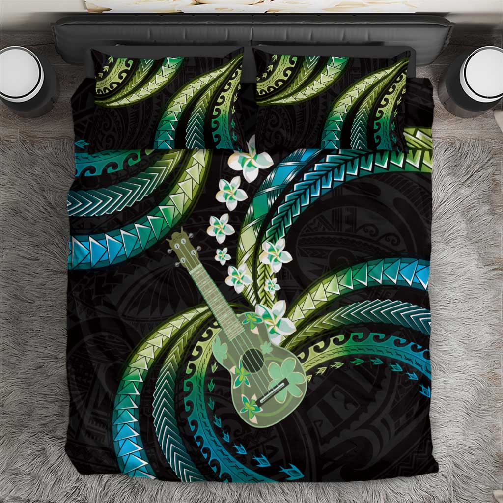 Hawaiian Ukulele Bedding Set Chartreuse Cyan Fantastic Plumeria