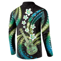 Hawaiian Ukulele Button Sweatshirt Chartreuse Cyan Fantastic Plumeria