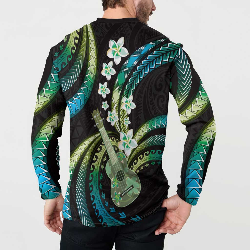 Hawaiian Ukulele Button Sweatshirt Chartreuse Cyan Fantastic Plumeria