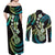 Hawaiian Ukulele Couples Matching Off Shoulder Maxi Dress and Long Sleeve Button Shirt Chartreuse Cyan Fantastic Plumeria