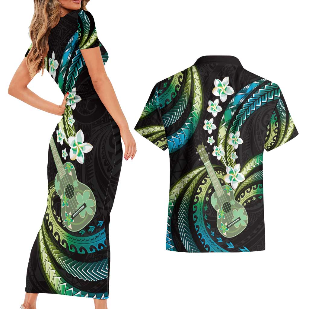 Hawaiian Ukulele Couples Matching Short Sleeve Bodycon Dress and Hawaiian Shirt Chartreuse Cyan Fantastic Plumeria