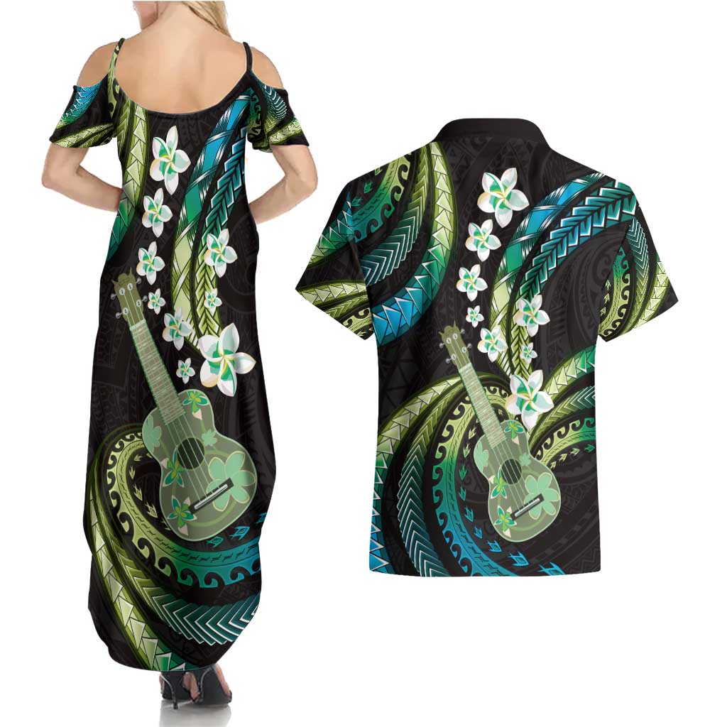 Hawaiian Ukulele Couples Matching Summer Maxi Dress and Hawaiian Shirt Chartreuse Cyan Fantastic Plumeria