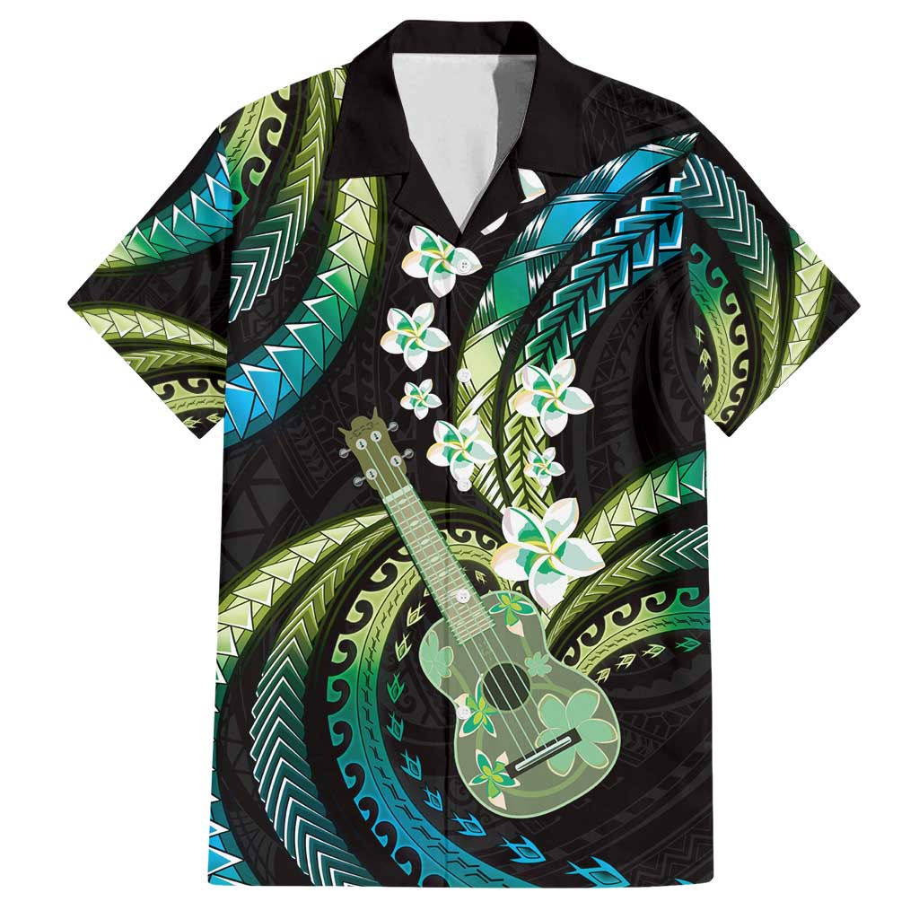 Hawaiian Ukulele Family Matching Long Sleeve Bodycon Dress and Hawaiian Shirt Chartreuse Cyan Fantastic Plumeria