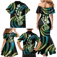 Hawaiian Ukulele Family Matching Mermaid Dress and Hawaiian Shirt Chartreuse Cyan Fantastic Plumeria