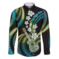 Hawaiian Ukulele Family Matching Off The Shoulder Long Sleeve Dress and Hawaiian Shirt Chartreuse Cyan Fantastic Plumeria