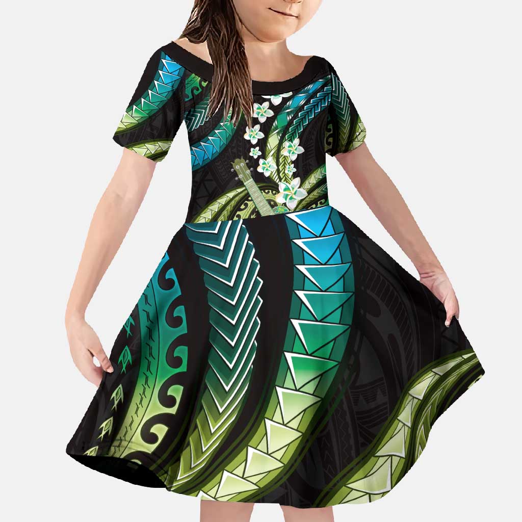 Hawaiian Ukulele Family Matching Off Shoulder Maxi Dress and Hawaiian Shirt Chartreuse Cyan Fantastic Plumeria LT01 Daughter's Dress Cyan - Polynesian Pride
