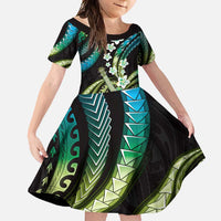 Hawaiian Ukulele Family Matching Off Shoulder Maxi Dress and Hawaiian Shirt Chartreuse Cyan Fantastic Plumeria LT01 Daughter's Dress Cyan - Polynesian Pride