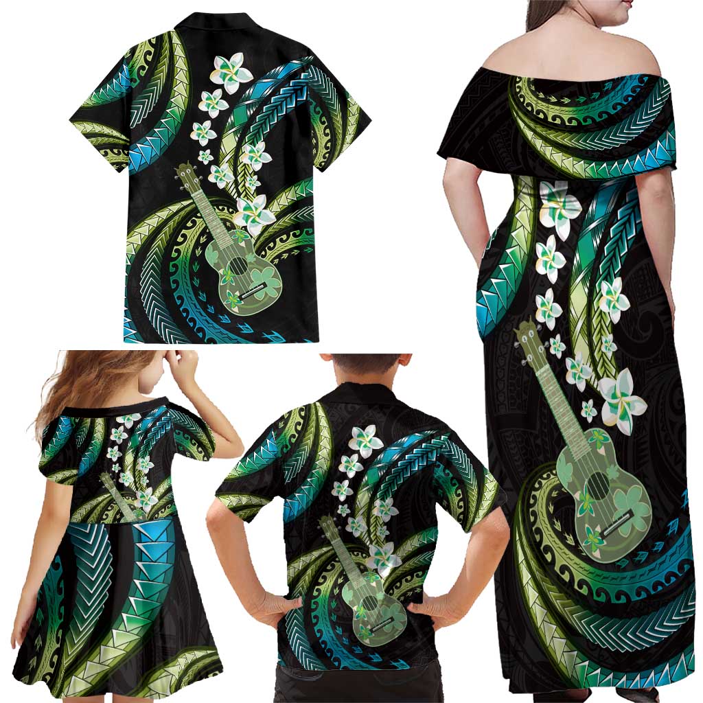 Hawaiian Ukulele Family Matching Off Shoulder Maxi Dress and Hawaiian Shirt Chartreuse Cyan Fantastic Plumeria LT01 - Polynesian Pride