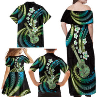 Hawaiian Ukulele Family Matching Off Shoulder Maxi Dress and Hawaiian Shirt Chartreuse Cyan Fantastic Plumeria LT01 - Polynesian Pride