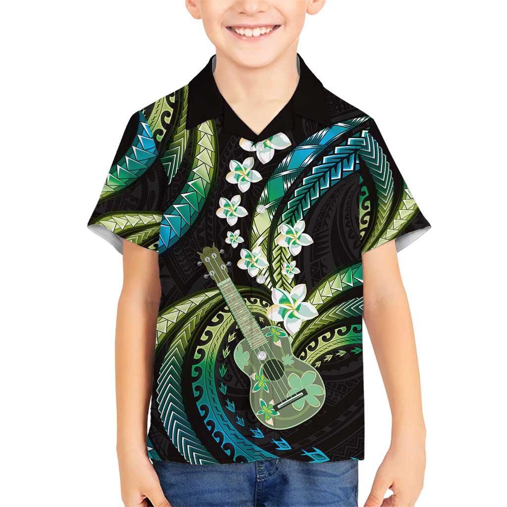 Hawaiian Ukulele Family Matching Off Shoulder Maxi Dress and Hawaiian Shirt Chartreuse Cyan Fantastic Plumeria LT01 Son's Shirt Cyan - Polynesian Pride