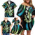 Hawaiian Ukulele Family Matching Off Shoulder Short Dress and Hawaiian Shirt Chartreuse Cyan Fantastic Plumeria