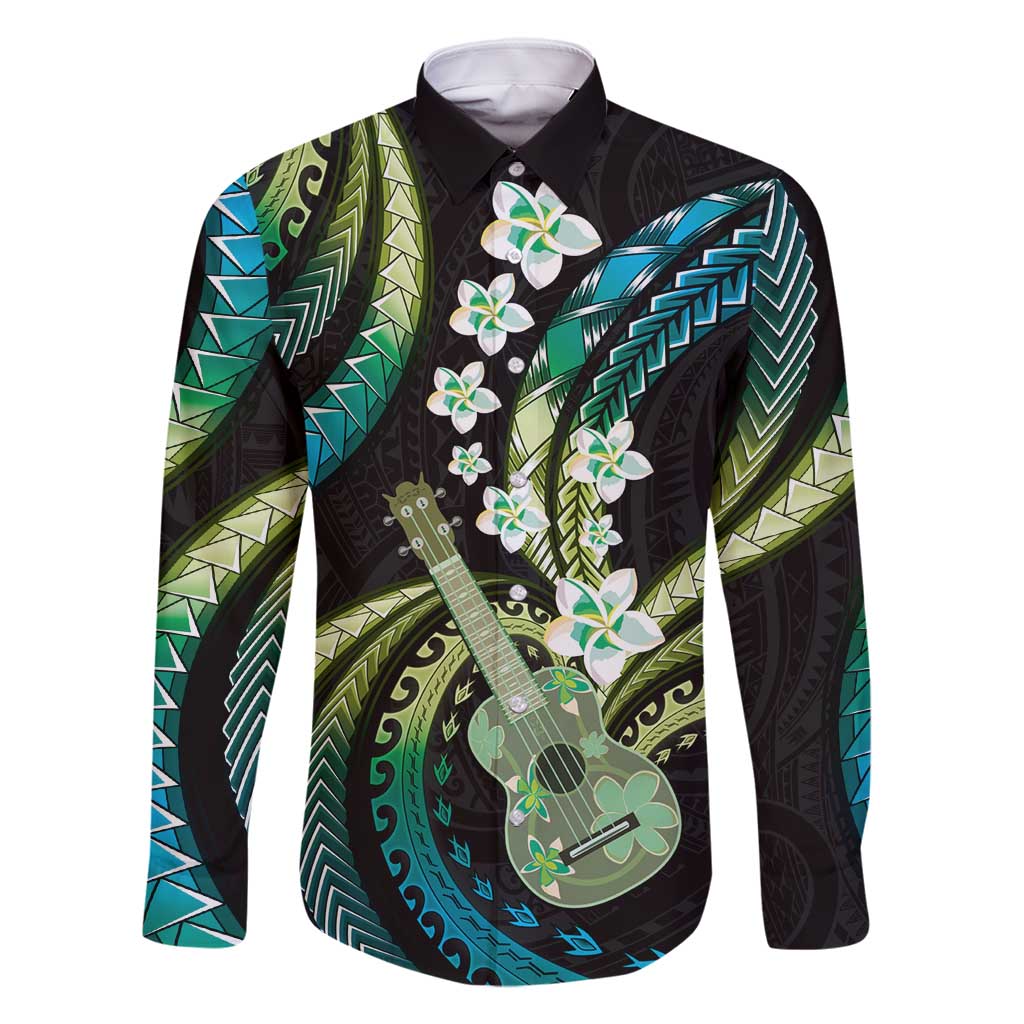 Hawaiian Ukulele Family Matching Off Shoulder Short Dress and Hawaiian Shirt Chartreuse Cyan Fantastic Plumeria LT01 Dad's Shirt - Long Sleeve Cyan - Polynesian Pride