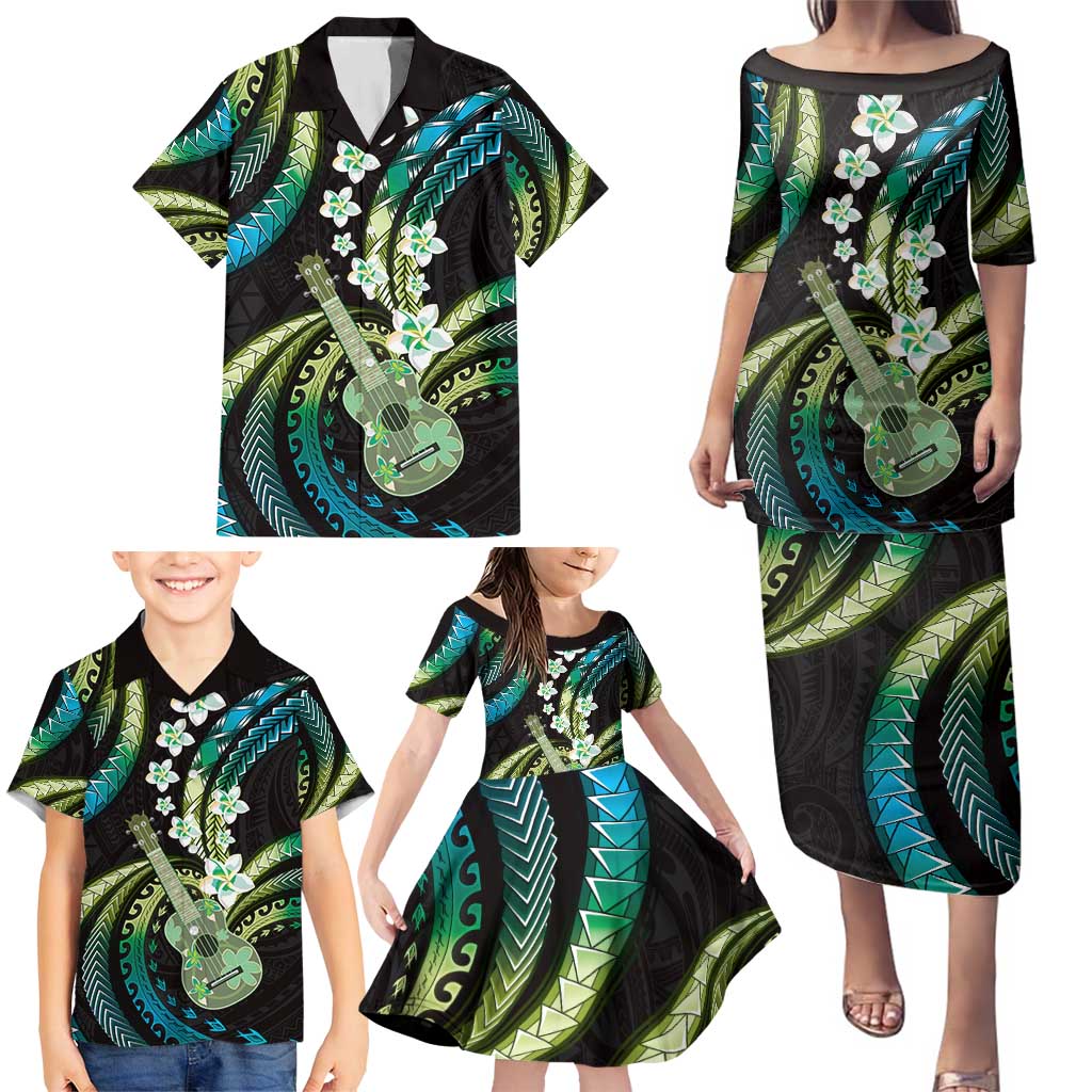 Hawaiian Ukulele Family Matching Puletasi and Hawaiian Shirt Chartreuse Cyan Fantastic Plumeria