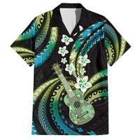 Hawaiian Ukulele Family Matching Short Sleeve Bodycon Dress and Hawaiian Shirt Chartreuse Cyan Fantastic Plumeria