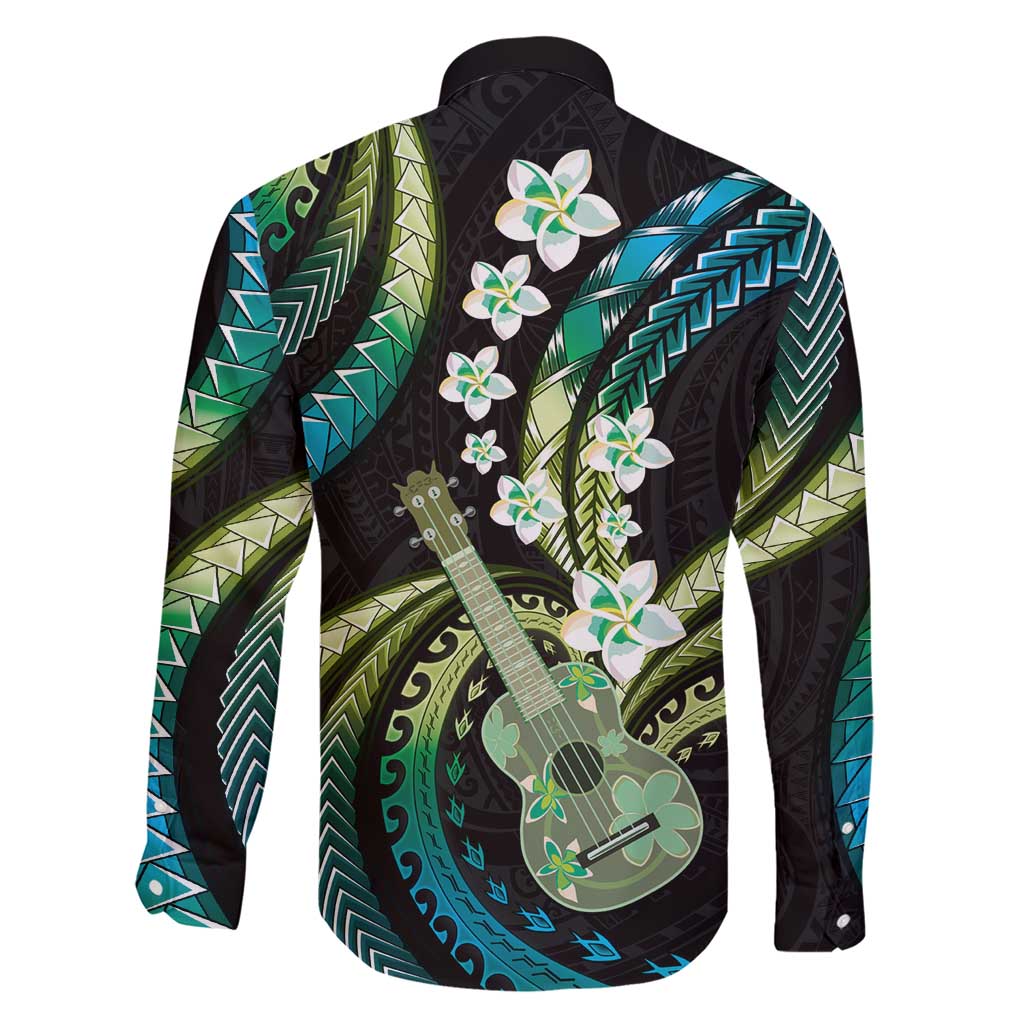 Hawaiian Ukulele Family Matching Short Sleeve Bodycon Dress and Hawaiian Shirt Chartreuse Cyan Fantastic Plumeria