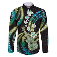 Hawaiian Ukulele Family Matching Summer Maxi Dress and Hawaiian Shirt Chartreuse Cyan Fantastic Plumeria LT01 Dad's Shirt - Long Sleeve Cyan - Polynesian Pride