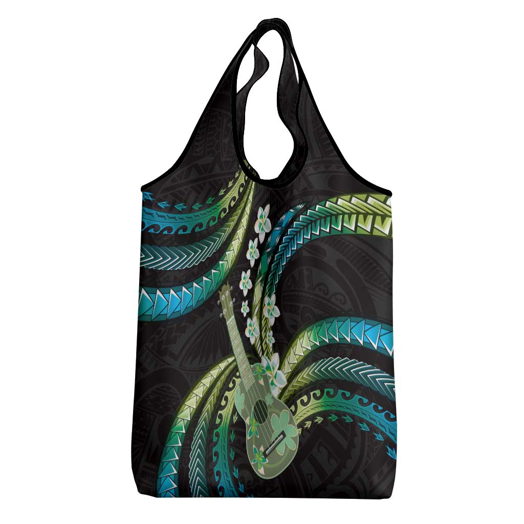 Hawaiian Ukulele Grocery Bag Chartreuse Cyan Fantastic Plumeria