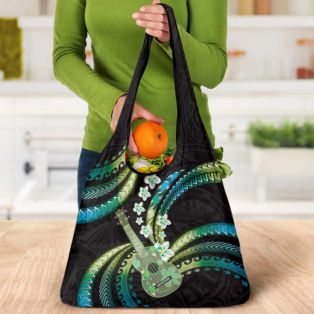 Hawaiian Ukulele Grocery Bag Chartreuse Cyan Fantastic Plumeria