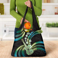 Hawaiian Ukulele Grocery Bag Chartreuse Cyan Fantastic Plumeria