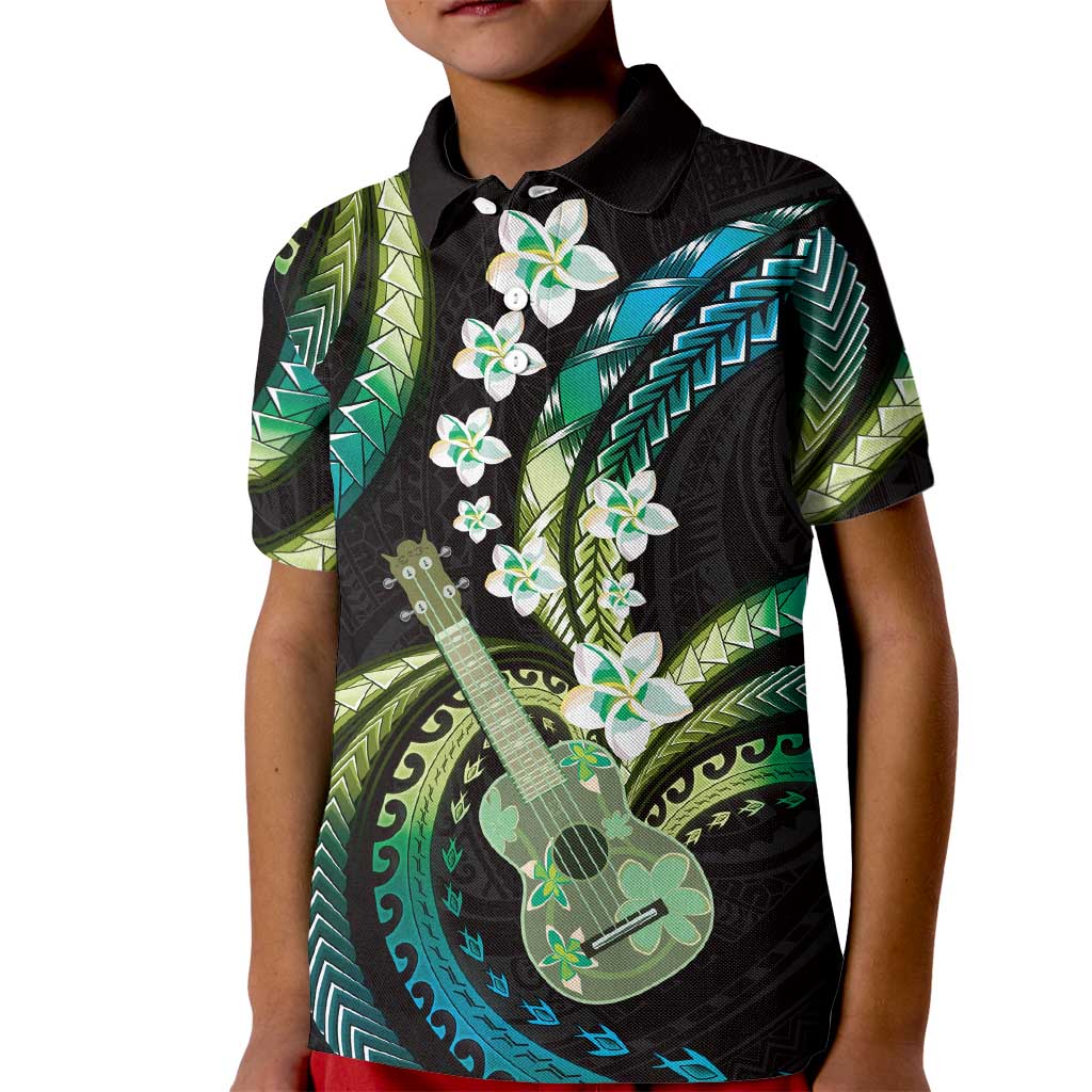 Hawaiian Ukulele Kid Polo Shirt Chartreuse Cyan Fantastic Plumeria