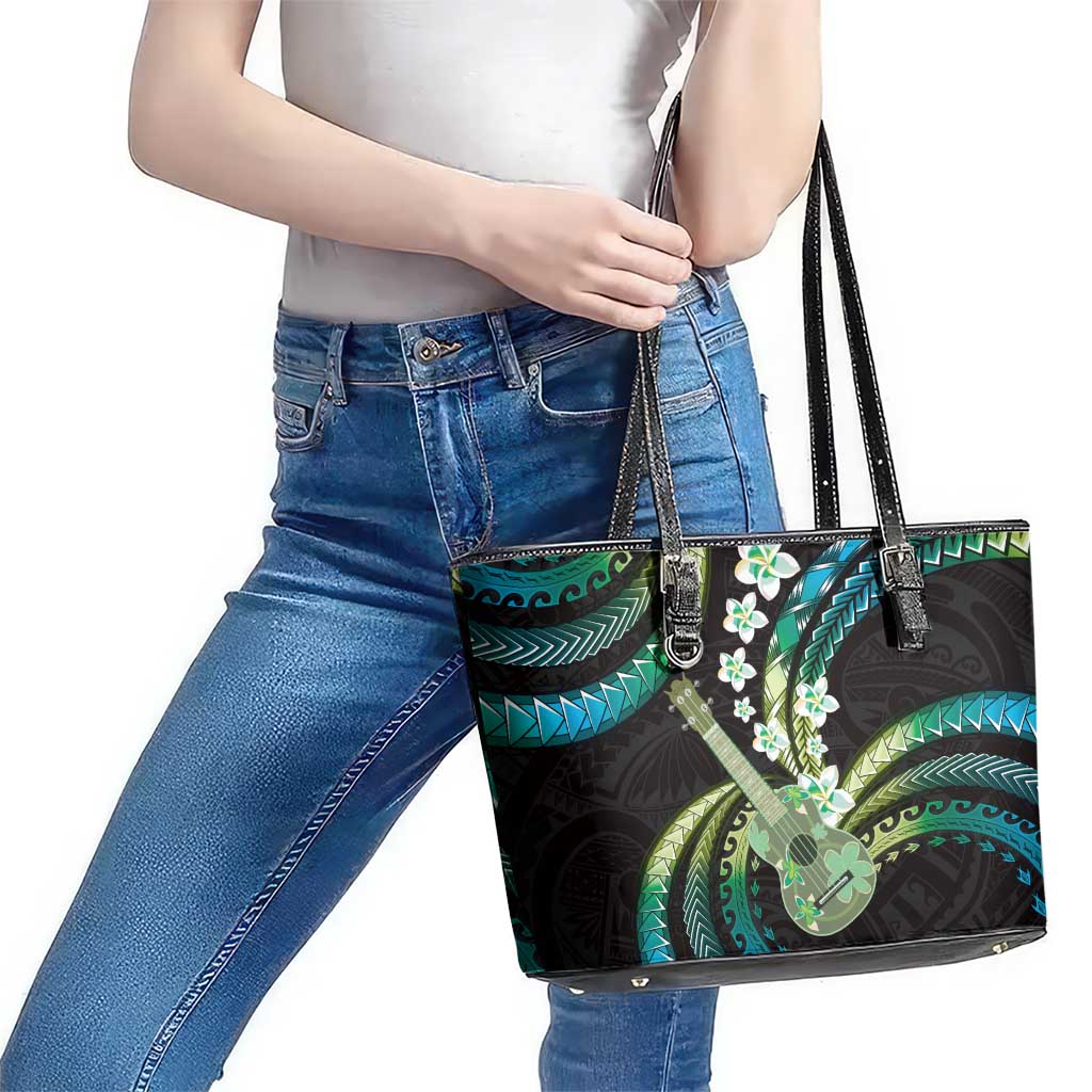Hawaiian Ukulele Leather Tote Bag Chartreuse Cyan Fantastic Plumeria