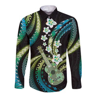Hawaiian Ukulele Long Sleeve Button Shirt Chartreuse Cyan Fantastic Plumeria