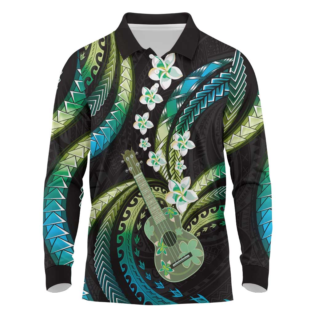 Hawaiian Ukulele Long Sleeve Polo Shirt Chartreuse Cyan Fantastic Plumeria
