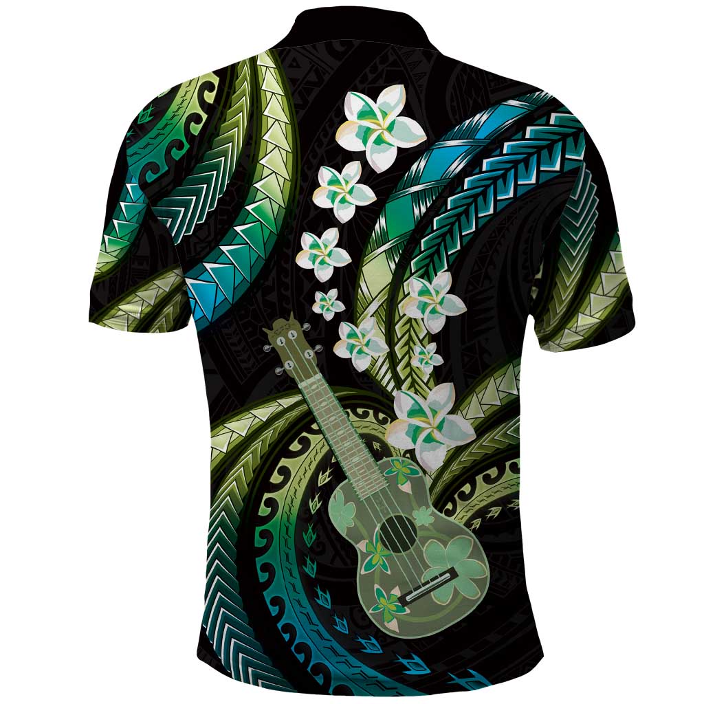 Hawaiian Ukulele Polo Shirt Chartreuse Cyan Fantastic Plumeria