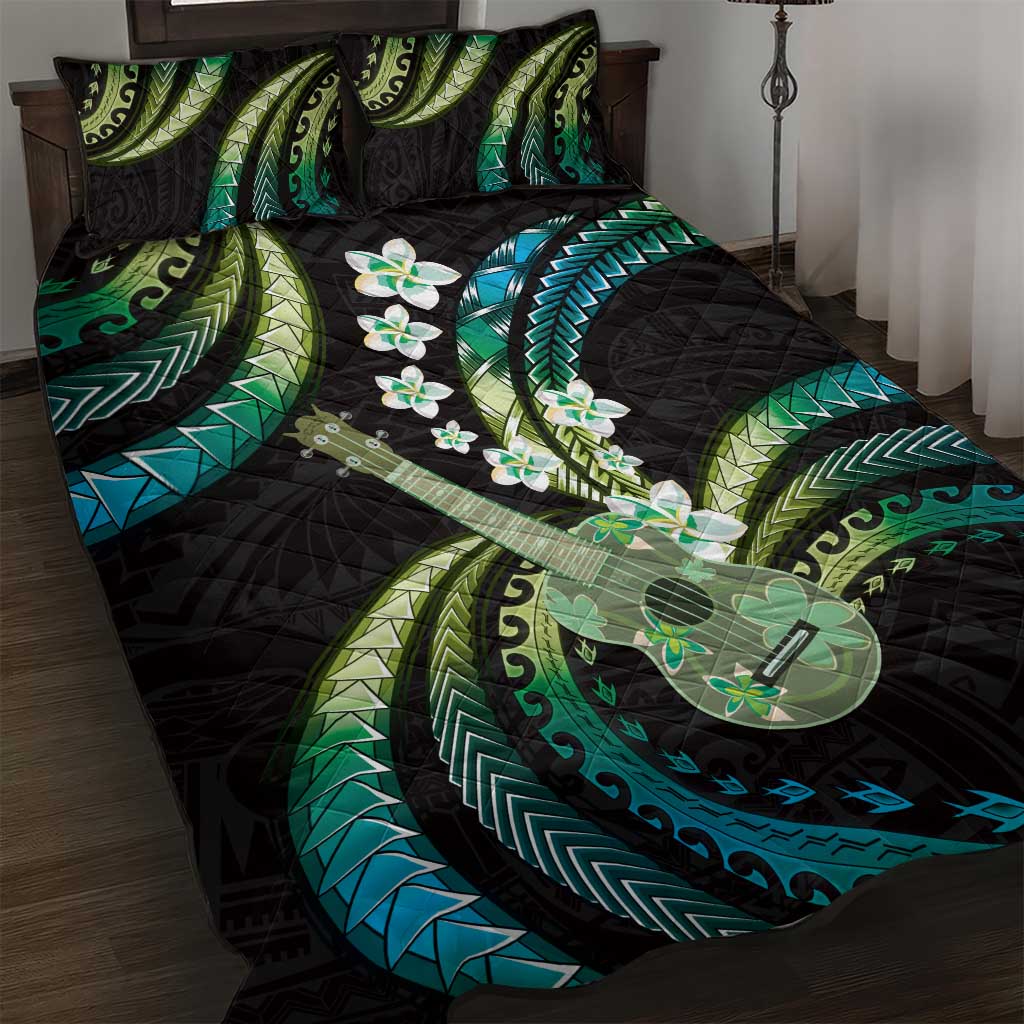 Hawaiian Ukulele Quilt Bed Set Chartreuse Cyan Fantastic Plumeria