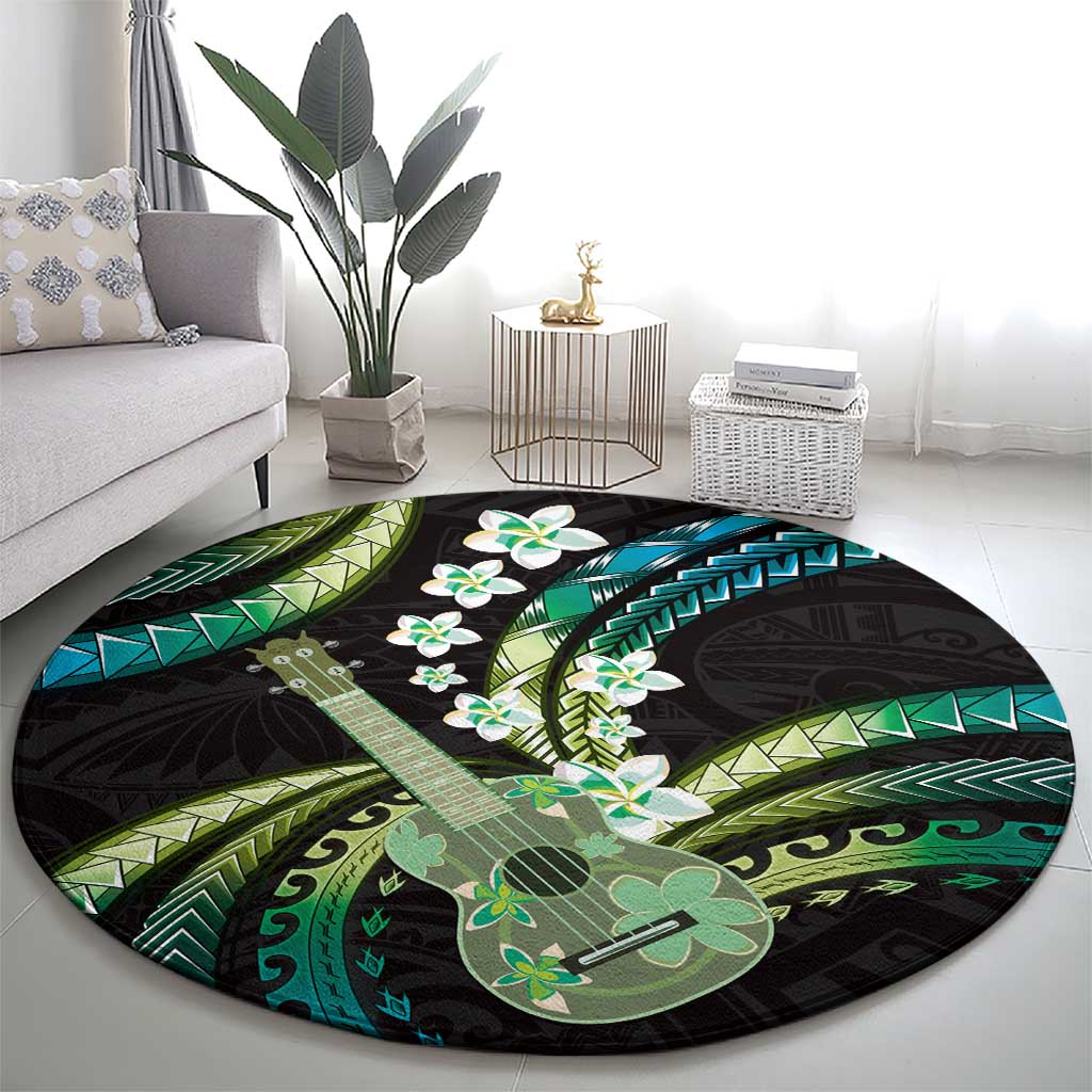 Hawaiian Ukulele Round Carpet Chartreuse Cyan Fantastic Plumeria