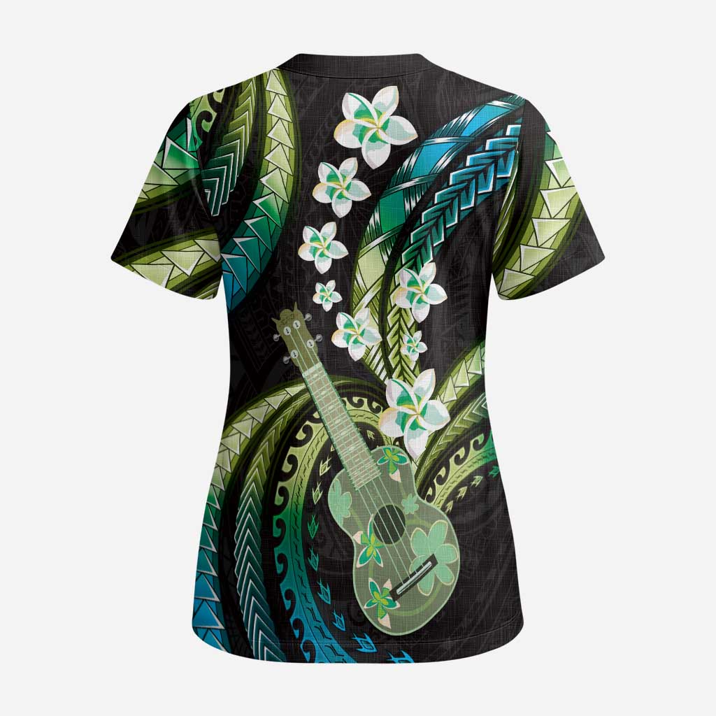 Hawaiian Ukulele Scrub Top Chartreuse Cyan Fantastic Plumeria - Polynesian Pride