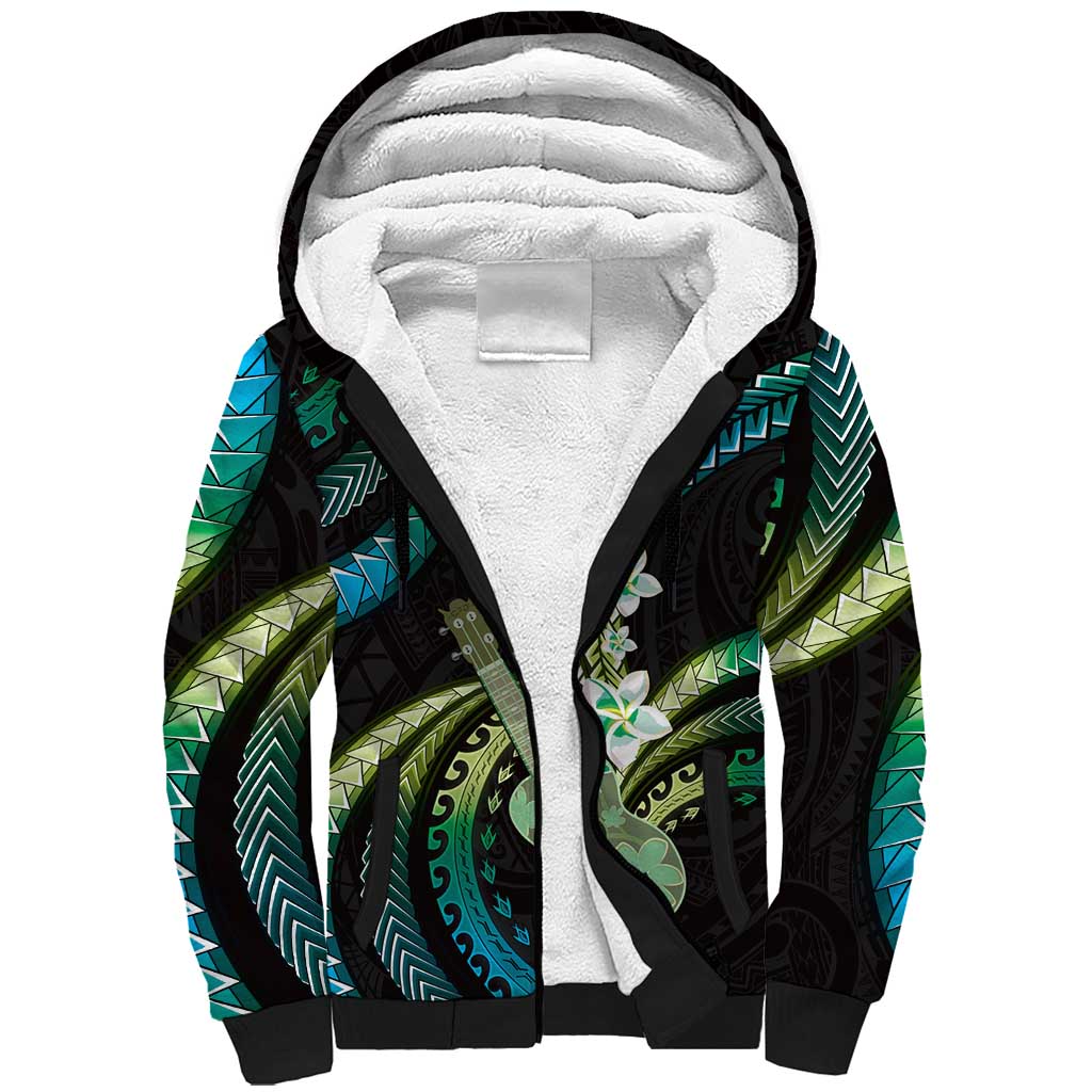 Hawaiian Ukulele Sherpa Hoodie Chartreuse Cyan Fantastic Plumeria
