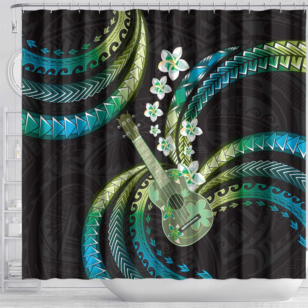 Hawaiian Ukulele Shower Curtain Chartreuse Cyan Fantastic Plumeria