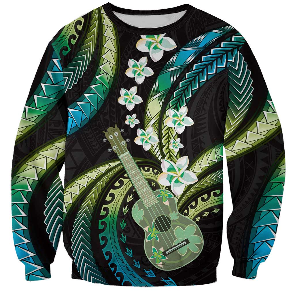 Hawaiian Ukulele Sweatshirt Chartreuse Cyan Fantastic Plumeria
